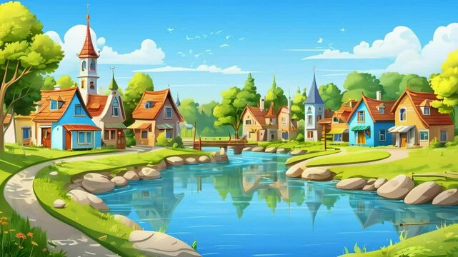 Cartoon Small Village with Calm River