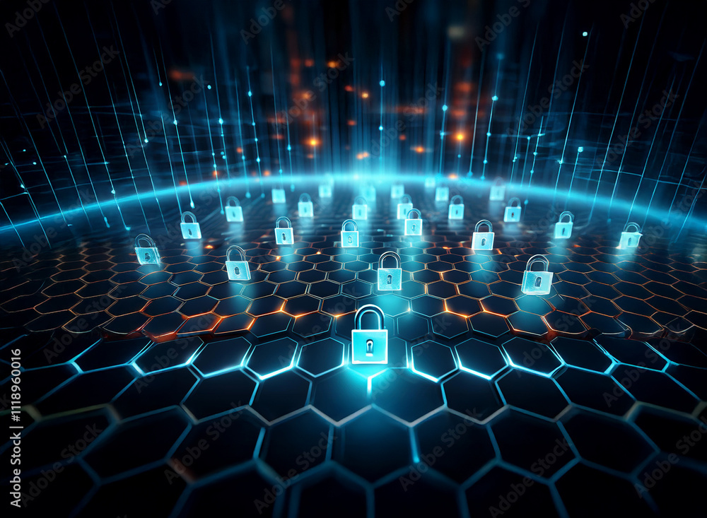 Aufkleber abstract digital art depicting global cybersecurity. numerous glowing blue padlocks rest on a hexago