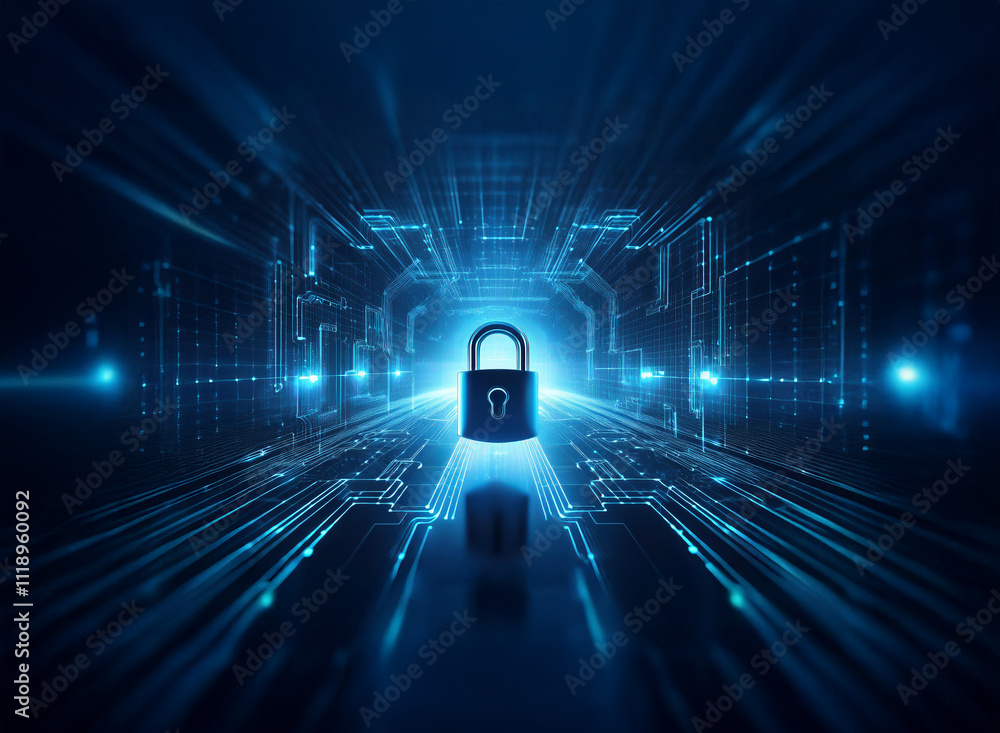 Poster a glowing padlock sits at the center of a digital tunnel, symbolizing data protection and cybersecur