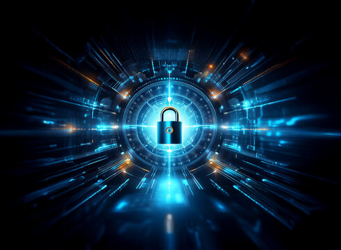 A glowing blue padlock sits at the center of a futuristic, circular technological interface.  Lines of light radiate outwards, suggesting speed and security.