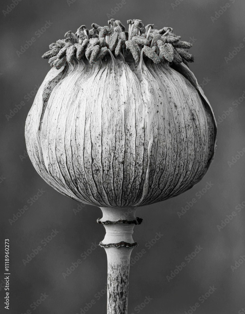 Poster black and white close-up of a dried lotus seed pod, showcasing intricate textures and patterns in na