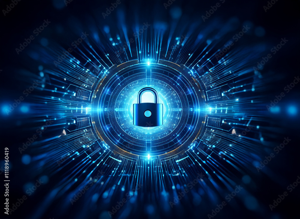 Poster a glowing blue digital padlock at the center of a circular technological interface, radiating energy