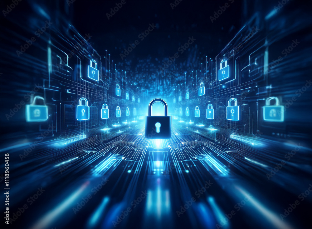 Poster abstract digital landscape depicting a glowing padlock at the center of a network of smaller padlock