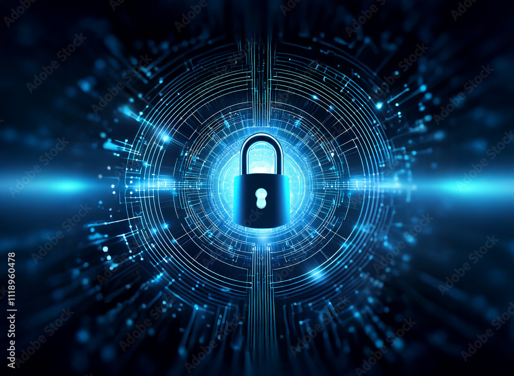 Poster a glowing blue padlock sits at the center of a circular digital circuit, symbolizing online security