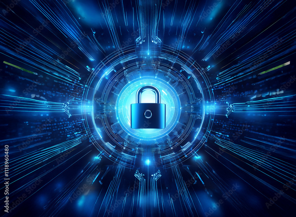 Poster a glowing blue padlock at the center of a circular digital interface symbolizes cybersecurity and da