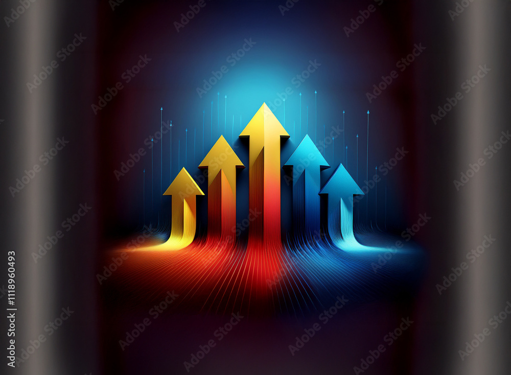 Poster three dimensional arrows pointing upward, symbolizing growth and progress. vibrant colors and a dyna