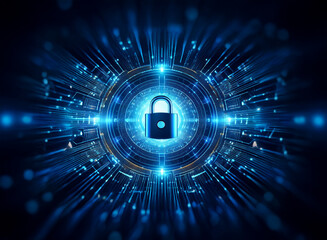 A glowing blue digital padlock at the center of a circular technological interface, radiating energy and symbolizing cybersecurity and data protection.