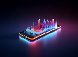 A vibrant, neon-lit cityscape magically appears on a sleek smartphone screen, symbolizing the modern digital world and mobile connectivity.