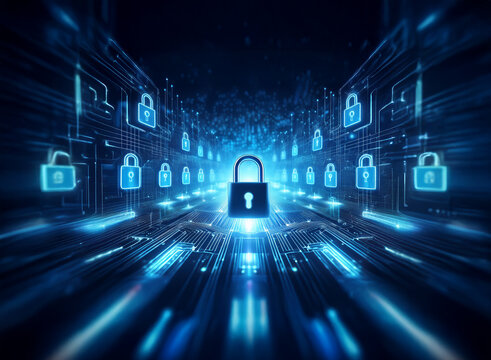 Abstract digital landscape depicting a glowing padlock at the center of a network of smaller padlocks, representing cybersecurity and data protection.  The scene evokes a sense of digital security and