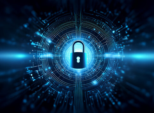 A glowing blue padlock sits at the center of a circular digital circuit, symbolizing online security and data protection.  The image evokes a sense of technological safeguarding and encrypted informat