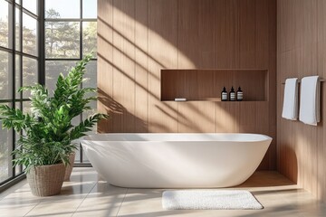 Fototapeta premium Minimalist bathroom interior with freestanding bathtub wooden wall panels natural light modern design serene atmosphere