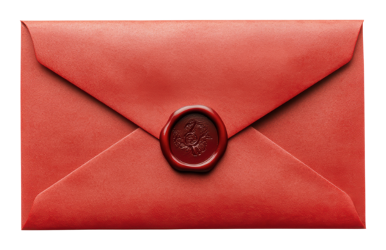 Elegant red envelope with wax seal, cut out - stock png.
