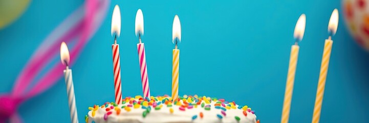 Colorful Birthday Cake with Candles on Blue Background, holiday decoration, dessert
