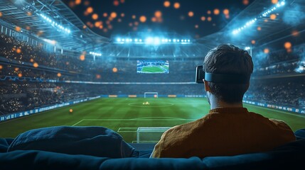 guy watching a soccer game on a couch down at the field next to the goal in a modern big soccer stadium during game. guy vr glasses