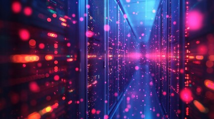 Futuristic Data Center with Neon Server Racks and Fiber Optic Connectivity in Cyberpunk Style