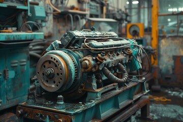 Obraz premium An old industrial engine surrounded by tools and machinery in a workshop setting.
