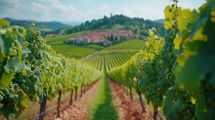 Obraz premium Beautiful vineyard hills in the autumn season, with scenic grape-laden landscapes