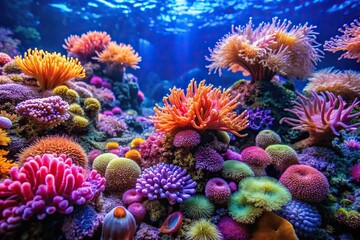 colorful coral and anemones swaying gently in the ocean currents, coral reefs, marine ecosystems, tropical coral