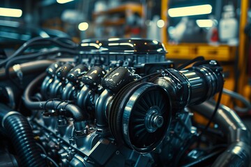 Close-up of a detailed car engine showcasing mechanical precision and engineering.