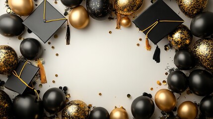 Black and gold graduation caps and balloons frame a blank space on a white background