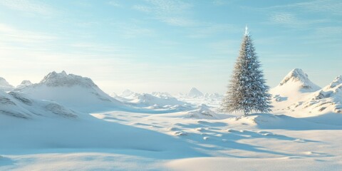 Obraz premium Solitary snow-covered tree in a serene winter landscape.