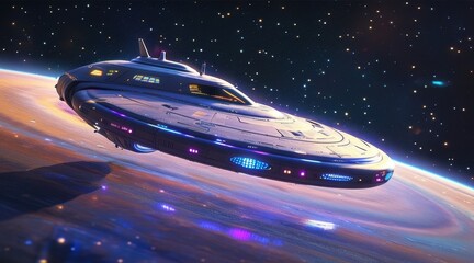 Futuristic Spaceship in Saturn’s Orbit