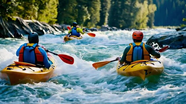 People Kayaking on a Rapid River