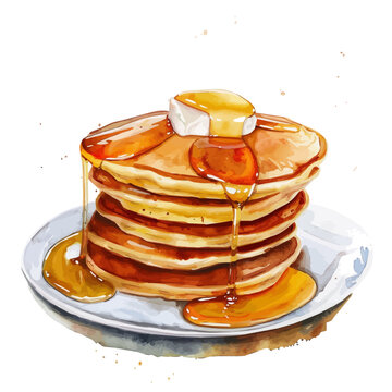 recommend clip art: A watercolor painting of pancakes with syrup, isolated on a white background. Pancakes vector.