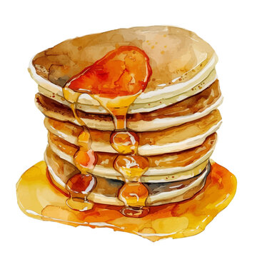 recommend clip art: A watercolor illustration of pancakes with syrup, isolated on a white background. Pancakes vector.