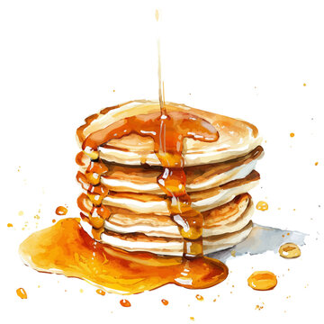 recommend clip art: A watercolor illustration of pancakes with syrup, isolated on a white background. Pancakes vector.