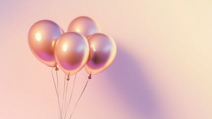 Four rose gold balloons float against a soft pink background. Festive and elegant.