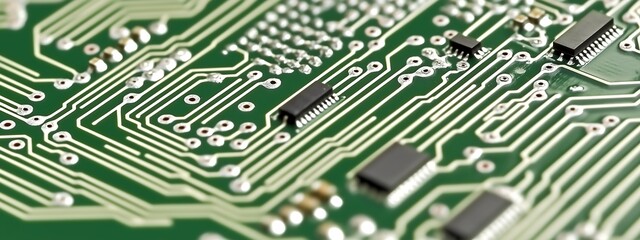 Obraz premium high-tech circuit board featuring glowing microchips and intricate wiring