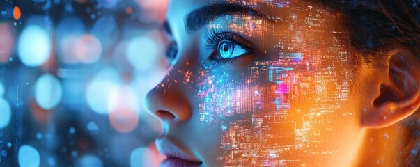 Futuristic Woman with AI Holograms Cyberpunk Portrait Digital Innovation and Automation in Business