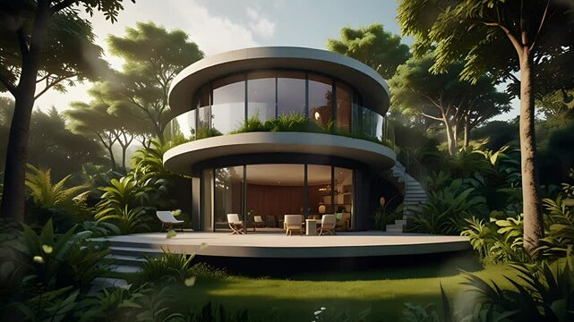 A luxury house with Curved and circular architecture. Seamless 4K looping timelapse video animation background