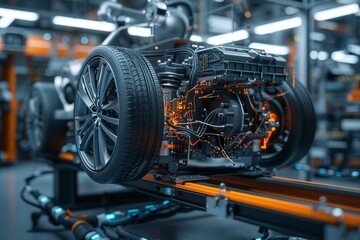 Fototapeta premium Close-up of a vehicle engine showcasing intricate mechanical details and technology.