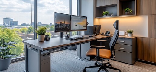 Modern office with panoramic city view, ergonomic chair, and dual monitors on a large desk.