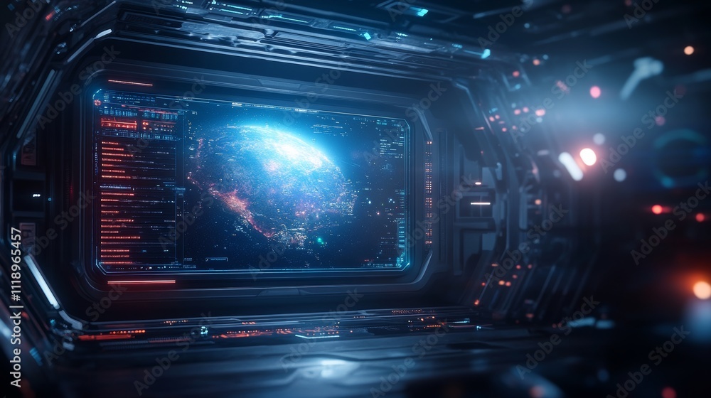 Poster futuristic space environment with glowing interface and light