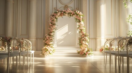 At the wedding ceremony hall, there is a floral arrangement.