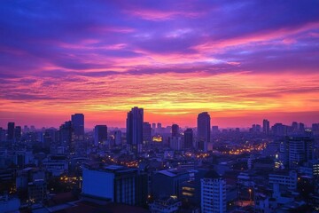 Vibrant sunset over a city skyline, showcasing urban beauty and tranquility.