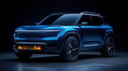 Blue SUV on a black background, viewed from a dynamic angle, highlighting the vehicle's front design and headlights