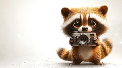 Obraz premium Adorable cartoon raccoon holding vintage camera, against a soft white background. Perfect for children's books, websites, or blogs.