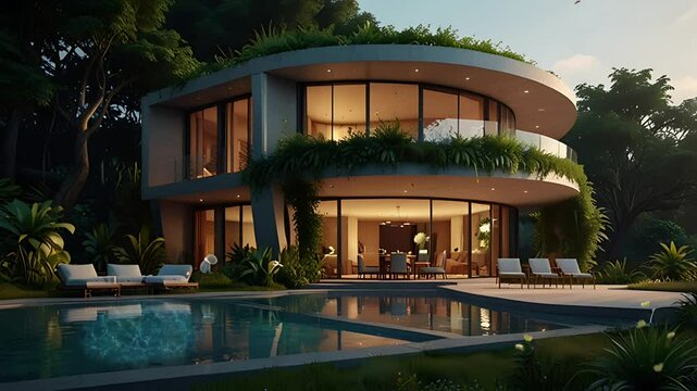 A luxury house with Curved and circular architecture. Seamless 4K looping timelapse video animation background