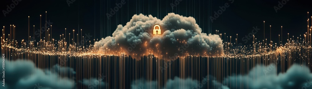 Poster a digitally created cloud with a glowing lock symbolizing security.