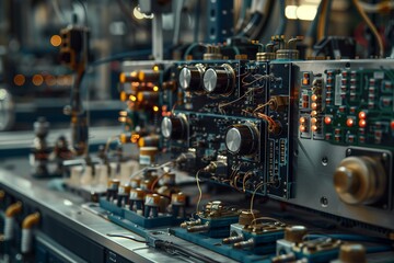 Close-up of intricate electronic circuit boards with glowing components and wires.