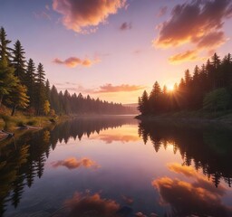 Colorful sunset over a peaceful lake surrounded by forest, peaceful, wildlife, lake