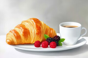 A plate featuring a golden croissant, fresh berries, and a cup of coffee.