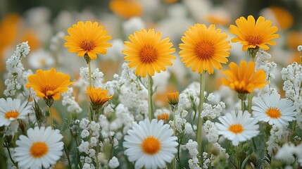 Fototapeta premium Bright yellow dandelions stand out against a field of pristine white flowers