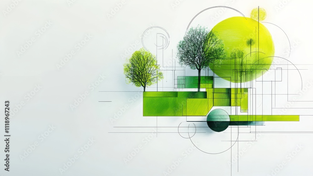 Poster abstract representation of green trees and geometric shapes.