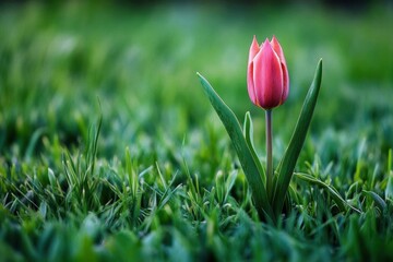 A single pink tulip blooms amidst lush green grass.