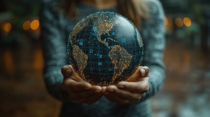 Fototapeta premium Businessman holding a digital earth with a global network and business icons, a technology concept for online connection